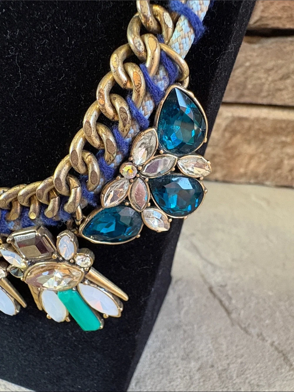 J Crew rhinestone and gold link butterfly chunky necklace